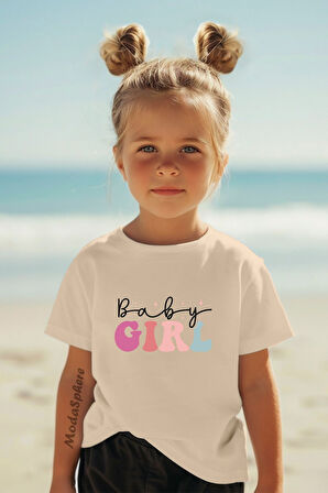 BABY GIRL BASKILI BİSİKLET YAKA KISA KOLLU ÇOCUK TİŞÖRT