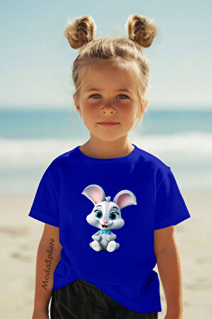 TAVŞAN BASKILI BİSİKLET YAKA KISA KOLLU ÇOCUK TİŞÖRT