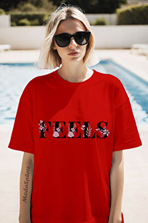 FEELS BASKILI BİSİKLET YAKA KISA KOLLU UNISEX TİŞÖRT