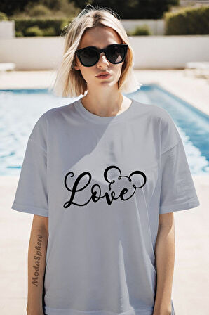 LOVE BASKILI BİSİKLET YAKA KISA KOLLU UNISEX TİŞÖRT