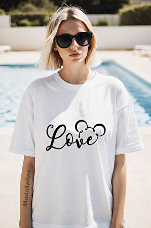 LOVE BASKILI BİSİKLET YAKA KISA KOLLU UNISEX TİŞÖRT