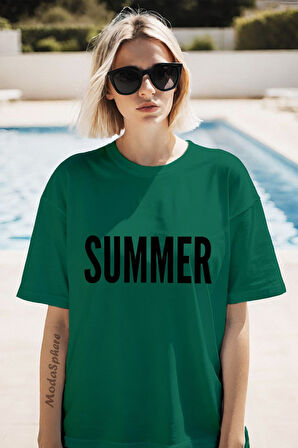 SUMMER YAZISI BASKILI BİSİKLET YAKA KISA KOLLU UNISEX TİŞÖRT