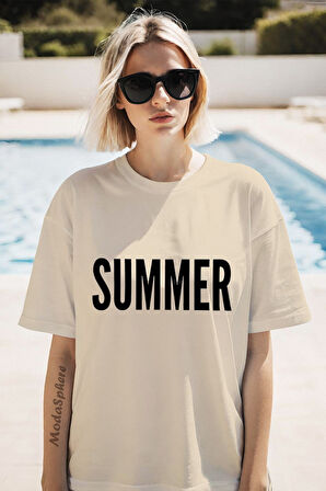 SUMMER YAZISI BASKILI BİSİKLET YAKA KISA KOLLU UNISEX TİŞÖRT