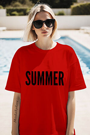 SUMMER YAZISI BASKILI BİSİKLET YAKA KISA KOLLU UNISEX TİŞÖRT