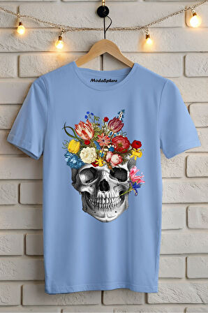 ÇİÇEKLİ KURUKAFA BASKILI BİSİKLET YAKA KISA KOLLU UNISEX TİŞÖRT