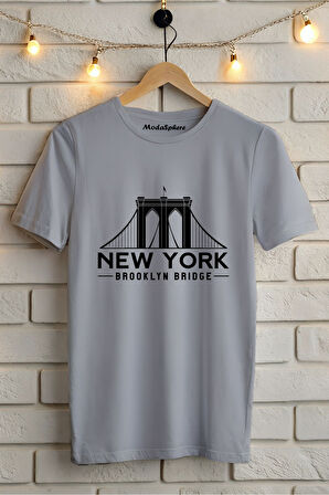 NEW YORK KÖPRÜSÜ BASKILI BİSİKLET YAKA KISA KOLLU UNISEX TİŞÖRT