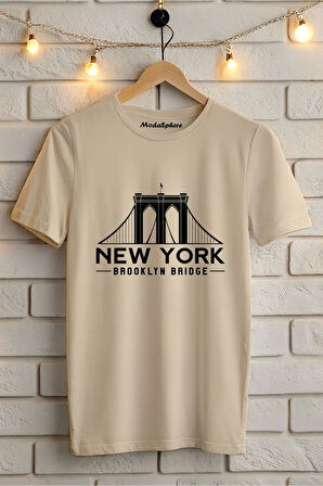 NEW YORK KÖPRÜSÜ BASKILI BİSİKLET YAKA KISA KOLLU UNISEX TİŞÖRT
