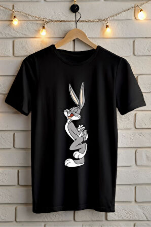 TAVŞANLI BASKILI BİSİKLET YAKA KISA KOLLU UNISEX TİŞÖRT