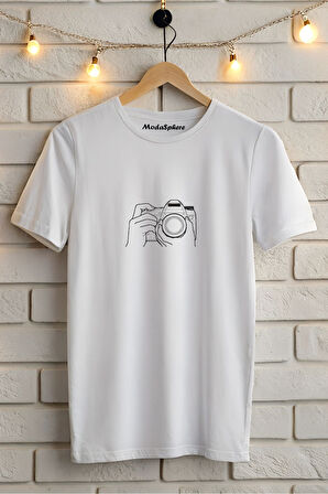 KAMERA BASKILI BİSİKLET YAKA KISA KOLLU UNISEX TİŞÖRT