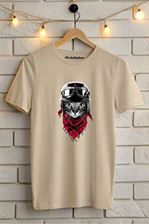 KARAKEDİ BASKILI BİSİKLET YAKA KISA KOLLU UNISEX TİŞÖRT