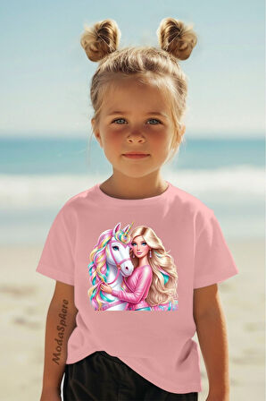 Baskılı Bisiklet Yaka Kısa Kollu Kız Çocuk Tişört