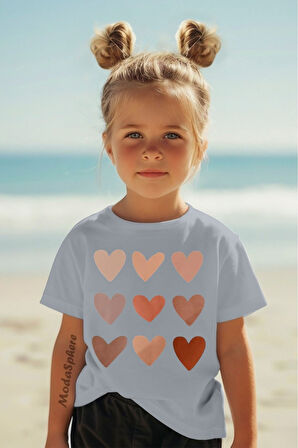 Kalp Baskılı Kız Çocuk Oversize Tişört