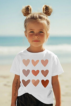 Kalp Baskılı Kız Çocuk Oversize Tişört