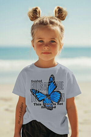 Kelebek Baskılı Kız Çocuk Oversize Tişört