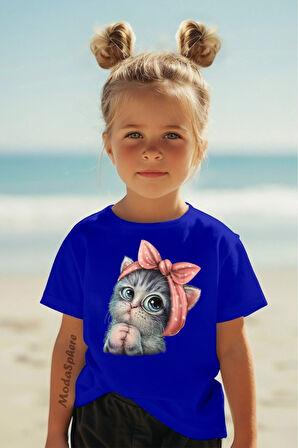 Sevimli Kedi Baskılı Kız Çocuk Tişört