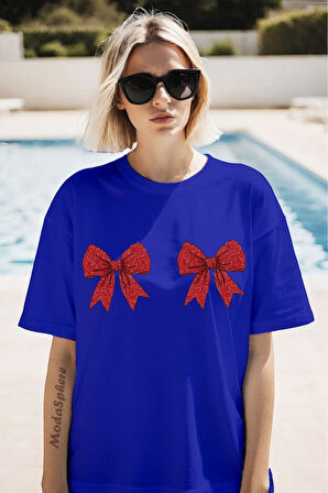 Christmas Yıllbaşı Glittering Bow Baskılı Unisex Oversize Tişört Battal Boy