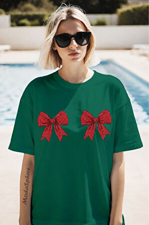 Christmas Yıllbaşı Glittering Bow Baskılı Unisex Oversize Tişört Battal Boy