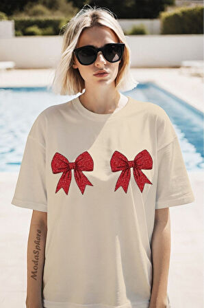 Christmas Yıllbaşı Glittering Bow Baskılı Unisex Oversize Tişört Battal Boy