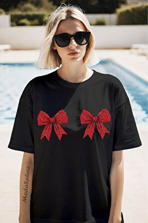 Christmas Yıllbaşı Glittering Bow Baskılı Unisex Oversize Tişört Battal Boy