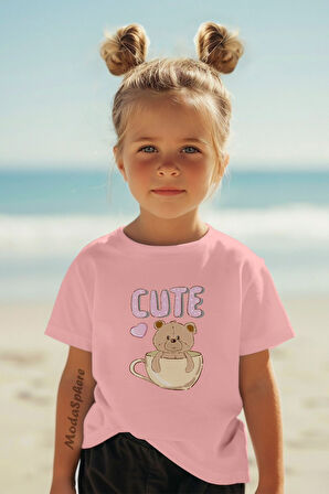 CUTE BEAR BASKILI BİSİKLET YAKA KISA KOLLU ÇOCUK TİŞÖRT
