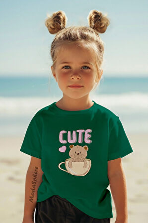 CUTE BEAR BASKILI BİSİKLET YAKA KISA KOLLU ÇOCUK TİŞÖRT
