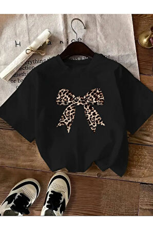 Leopar Desenli Kurdele Detaylı Basic Tişört