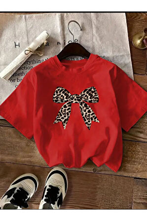 Leopar Desenli Kurdele Detaylı Basic Tişört