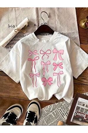 PEMBE KURDELE BASKILI BASİC T-SHİRT