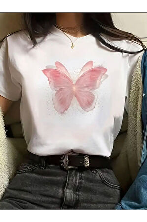 PEMBE KELEBEK DETAYLI BASİC T-SHİRT