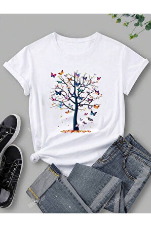 Mini Kelebekler Baskılı Basic T-shirt