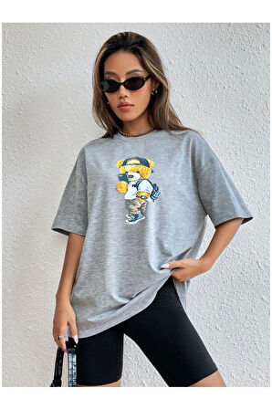 Unisex Peluş Ayı Baskılı Bisiklet Yaka Tshirt