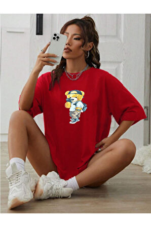 Unisex Peluş Ayı Baskılı Bisiklet Yaka Tshirt