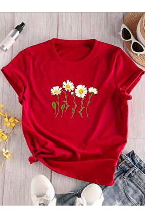 YAN YANA PAPATYA DESENLİ BASİC T-SHİRT