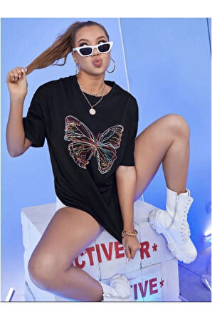 Neon Kelebek Baskılı Kadın Tshirt