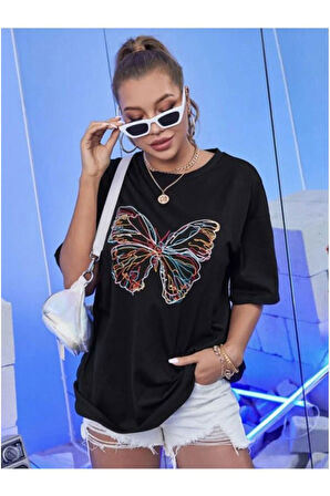 Neon Kelebek Baskılı Kadın Tshirt