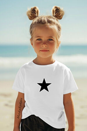 Bisiklet Yaka Siyah Yıldız Baskılı Kız Çocuk Tişört