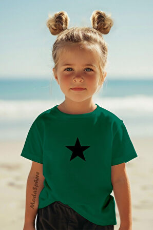 Bisiklet Yaka Siyah Yıldız Baskılı Kız Çocuk Tişört