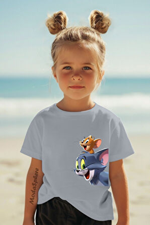 TOM VE JERRY BASKILI KIZ ÇOCUK TİŞÖRT