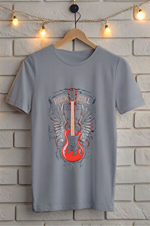 Gitar Baskılı Bisiklet Yaka Unisex Tişört