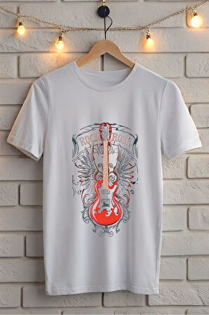 Gitar Baskılı Bisiklet Yaka Unisex Tişört