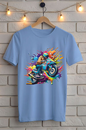 Renkli Motor Baskılı Unisex Oversize Tişört