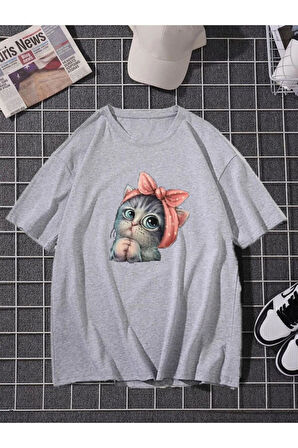 Griland Oversize Unisex Kırmızı Sevimli Minik Kedi Baskılı T-shirt