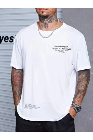 Kadın Saks Mavi Happiest Baskılı Oversize Tshirt