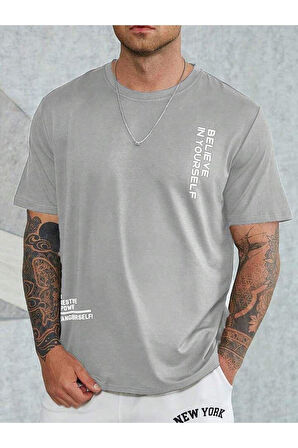 Kadın Saks Mavi Happiest Baskılı Oversize Tshirt
