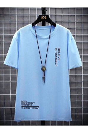Kadın Saks Mavi Happiest Baskılı Oversize Tshirt