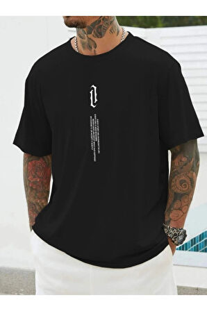 Erkek Oversize Siyah Dikey Baskılı T-shirt