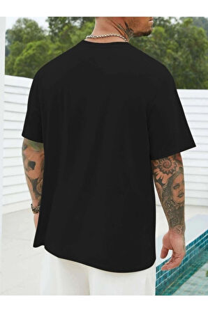 Erkek Oversize Siyah Dikey Baskılı T-shirt