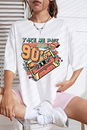 Unisex Siyah Bisiklet Yaka 90's Baskılı Oversize T-Shirt