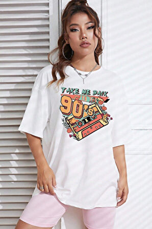 Unisex Siyah Bisiklet Yaka 90's Baskılı Oversize T-Shirt
