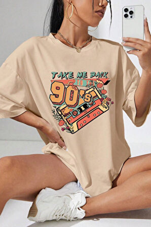 Unisex Siyah Bisiklet Yaka 90's Baskılı Oversize T-Shirt